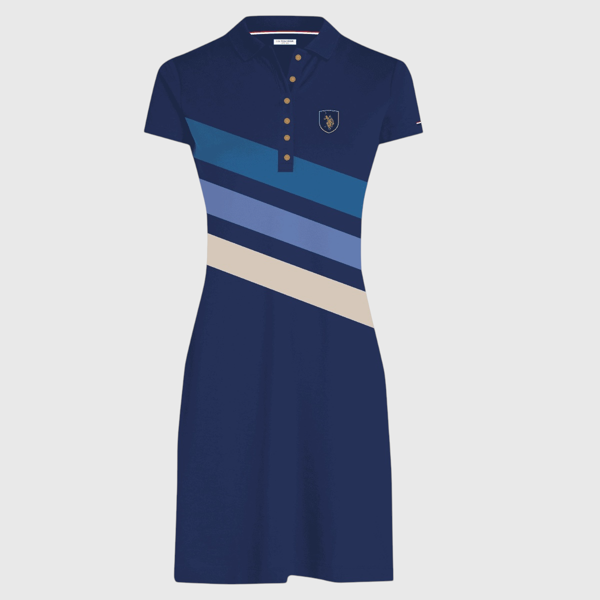 Vestido tipo polo www.treshop.com.co azul marino con franjas diagonales y logo bordado en el pecho para mujer