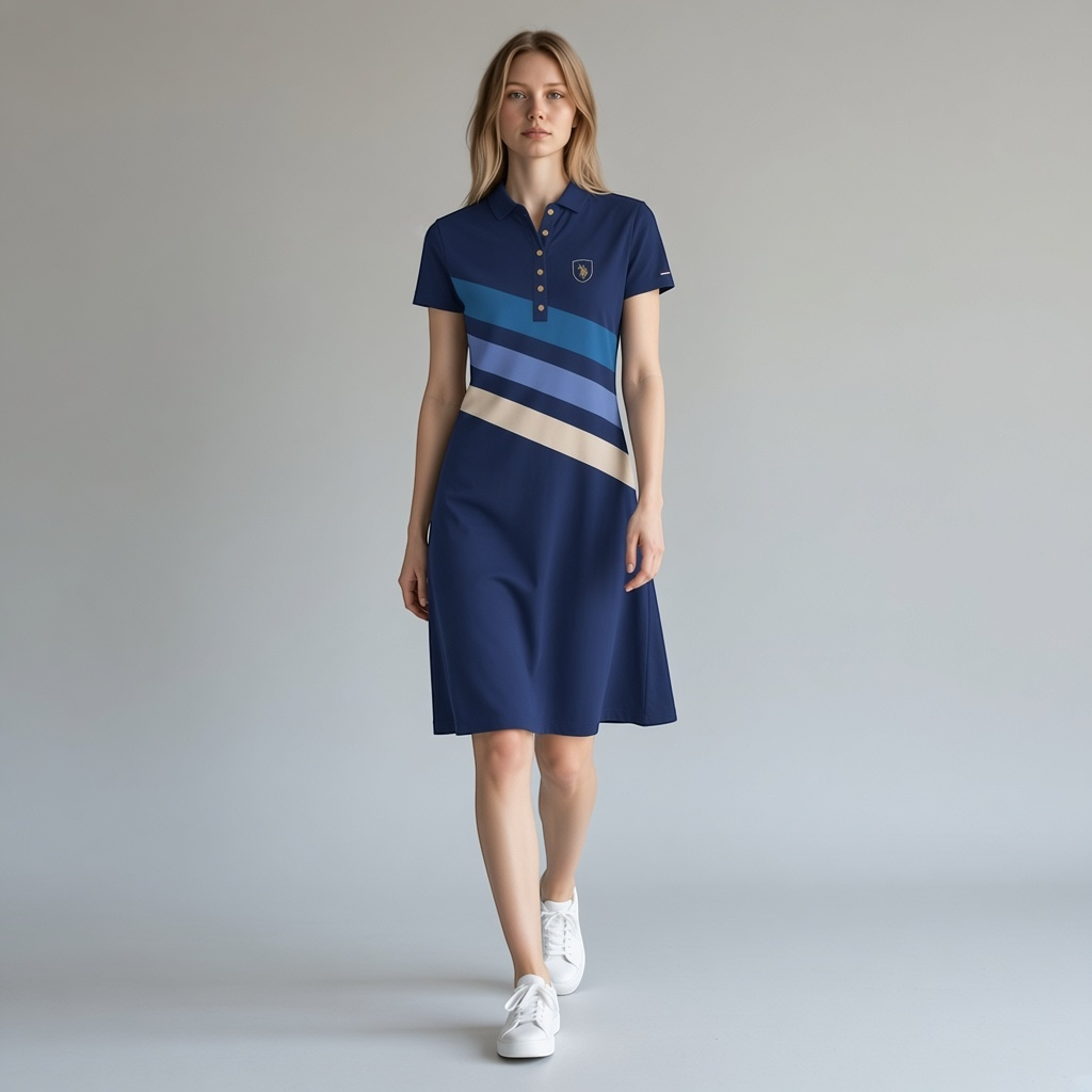 Modelo vistiendo vestido tipo polo azul con franjas diagonales de www.treshop.com.co, cuello clásico y logo bordado.