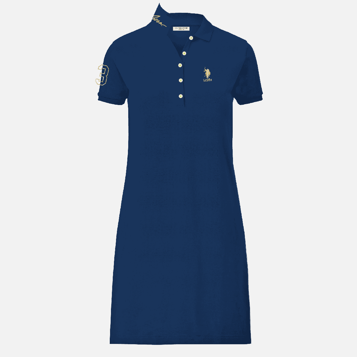 Vestido tipo polo azul marino www.treshop.com.co para mujer en algodón con detalles bordados dorados en pecho y manga