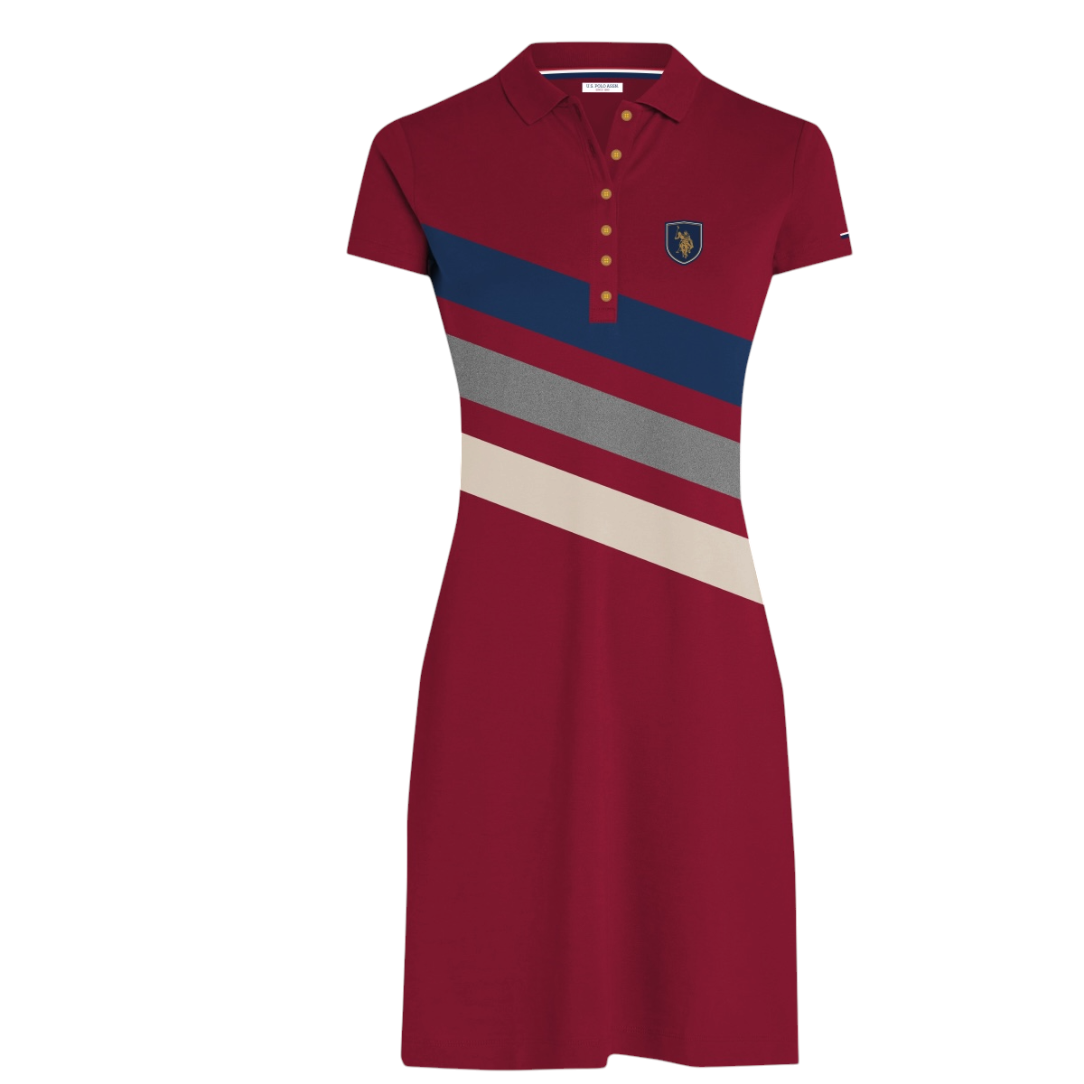 Vestido tipo polo www.treshop.com.co para mujer en color burdeos con franjas diagonales y logo bordado en el pecho.