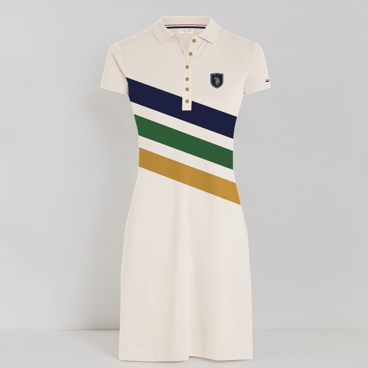 Vestido polo www.treshop.com.co color crema con rayas diagonales azul, verde y mostaza y logo bordado en algodón