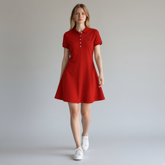Modelo vistiendo vestido tipo polo rojo de algodón de www.treshop.com.co con cuello clásico y logo bordado